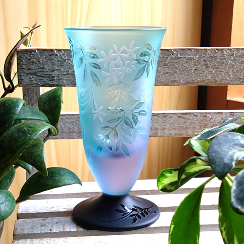 ジャスミン」食前酒グラス 葉 グリーン・ネオジウム サンドブラスト