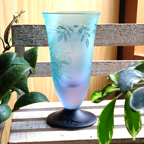 ジャスミン」食前酒グラス 葉 グリーン・ネオジウム サンドブラスト