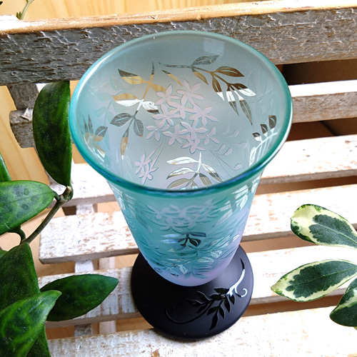 ジャスミン」食前酒グラス 葉 グリーン・ネオジウム サンドブラスト