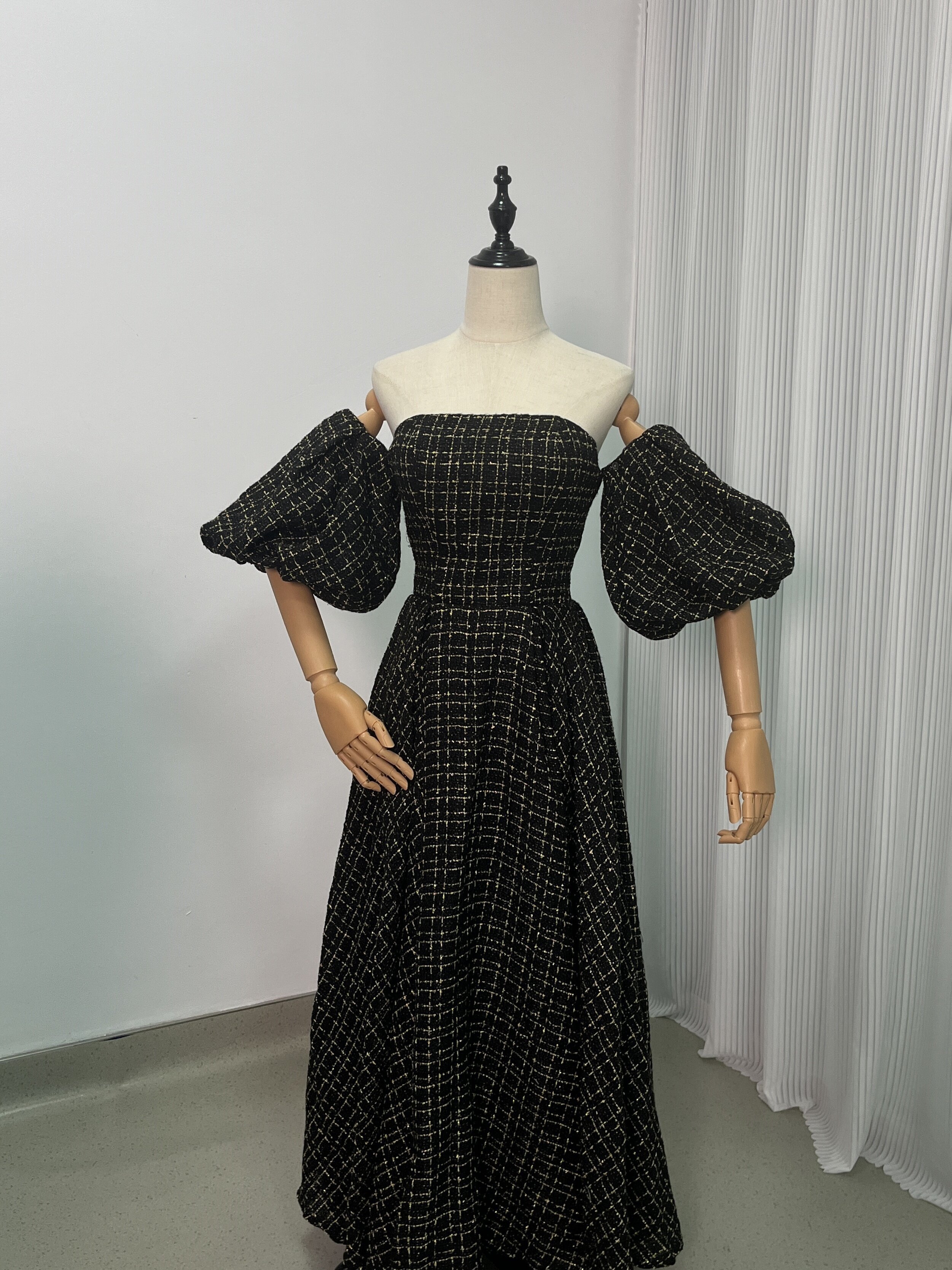 送料無料！パーティードレス キュロットスカート 黒 パフスリーブ ファスナー ロング 演奏会/音楽会 二次会