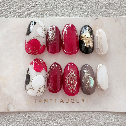 オーダーネイルチップ 成人式 和服 着物 前撮り 和柄 花柄 韓国 ワンホン