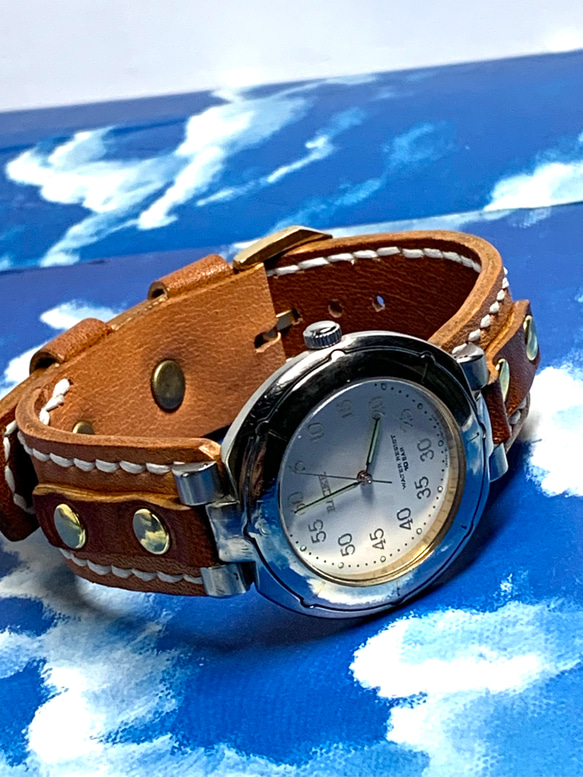 アンティーク本革腕時計ベルト、時計付き 4枚目の画像
