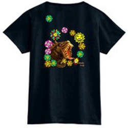花とモンスタータイガーの合唱：プリントスターTシャツ（レディース：黒） 5枚目の画像