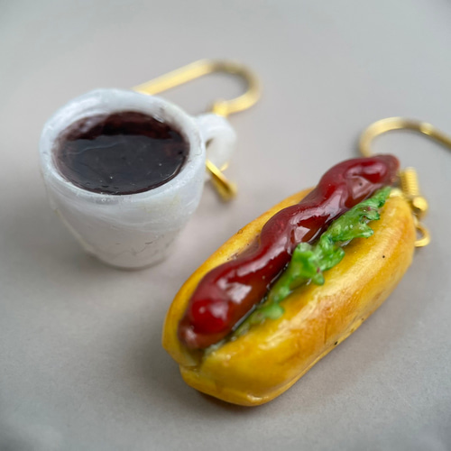 ミニチュアフード コーヒー&ホットドックセット 選べる金具 ピアス