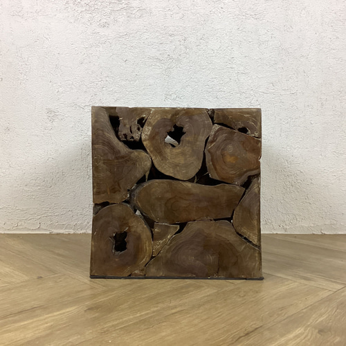 1銘木 チーク ブロック スツール 椅子 天然木 無垢 キューブ 40cm