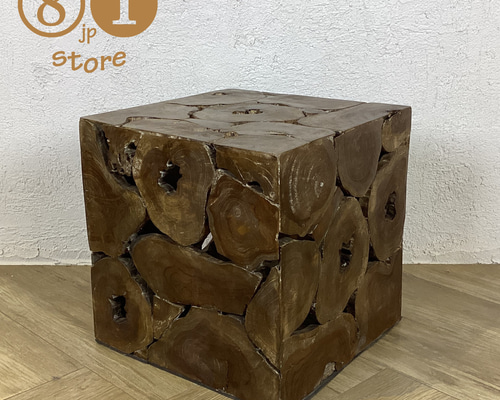 1銘木 チーク ブロック スツール 椅子 天然木 無垢 キューブ 40cm