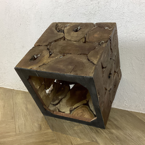 1銘木 チーク ブロック スツール 椅子 天然木 無垢 キューブ 40cm