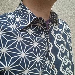 半袖和柄シャツ（麻の葉×吉原つなぎ）濃紺 4枚目の画像