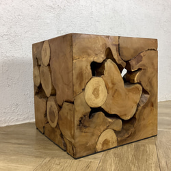 #1銘木 チーク ブロック スツール 椅子 天然木 無垢 キューブ 40cm　ナチュラル色　cha222 3枚目の画像