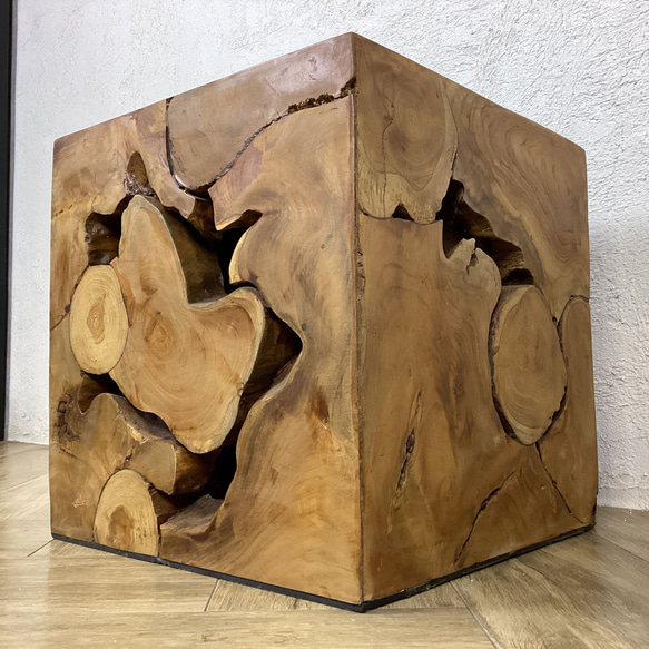 #1銘木 チーク ブロック スツール 椅子 天然木 無垢 キューブ 40cm　ナチュラル色　cha222 5枚目の画像