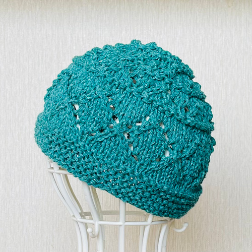 コットンの帽子 キャップ ブルーグリーン エメラルドグリーン 手編み