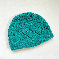 コットンの帽子  キャップ   ブルーグリーン エメラルドグリーン  手編み 3枚目の画像