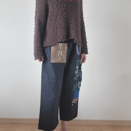 着物リメイク 古布 手作り 縞 前掛け 型染め パッチ パンツ ワンピース  