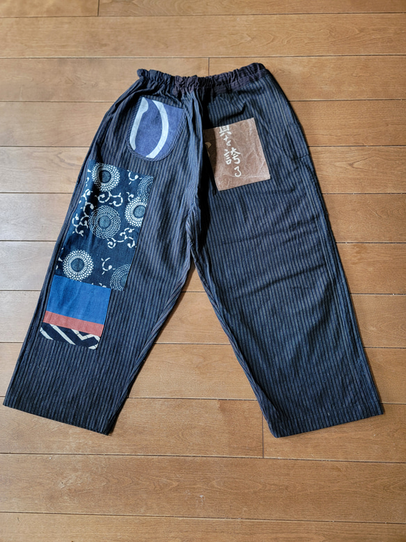 着物リメイク 古布 手作り 縞 前掛け 型染め パッチ パンツ ワンピース  