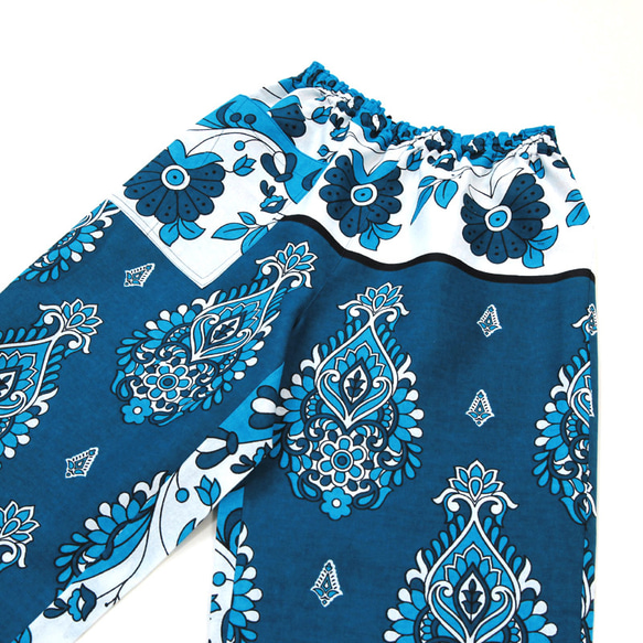 【晴れやかブルー2024】カンガのワイドパンツ（ ダマスク プルシャンブルー ）アフリカ布パンツ カンガパンツ 2枚目の画像