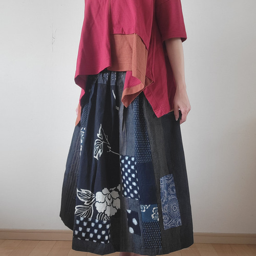 着物リメイク 手作り 型染め 絣など パッチ ギャザースカート