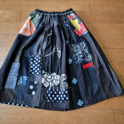 着物リメイク 手作り 型染め 絣など パッチ ギャザースカート