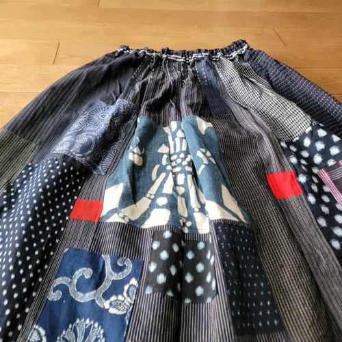 着物リメイク 手作り 型染め 絣など パッチ ギャザースカート