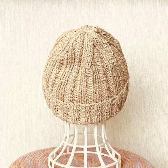 リネンコットンの帽子  手編み  ワッチキャップ  サックスブルー 6枚目の画像