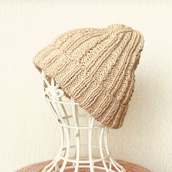 リネンコットンの帽子  手編み  ワッチキャップ  サックスブルー 5枚目の画像