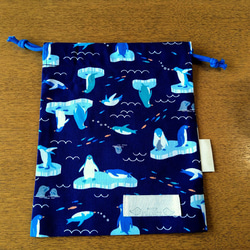 【巾着M】【流氷ペンギン】紺・ペパーミント　22×18 9枚目の画像
