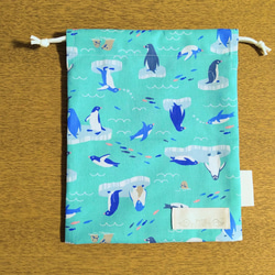 【巾着M】【流氷ペンギン】紺・ペパーミント　22×18 4枚目の画像