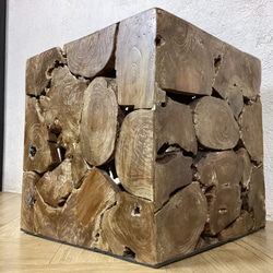 #2 銘木 チーク ブロック スツール 椅子 天然木 無垢 キューブ 40cm　ダーク色　cha222 5枚目の画像