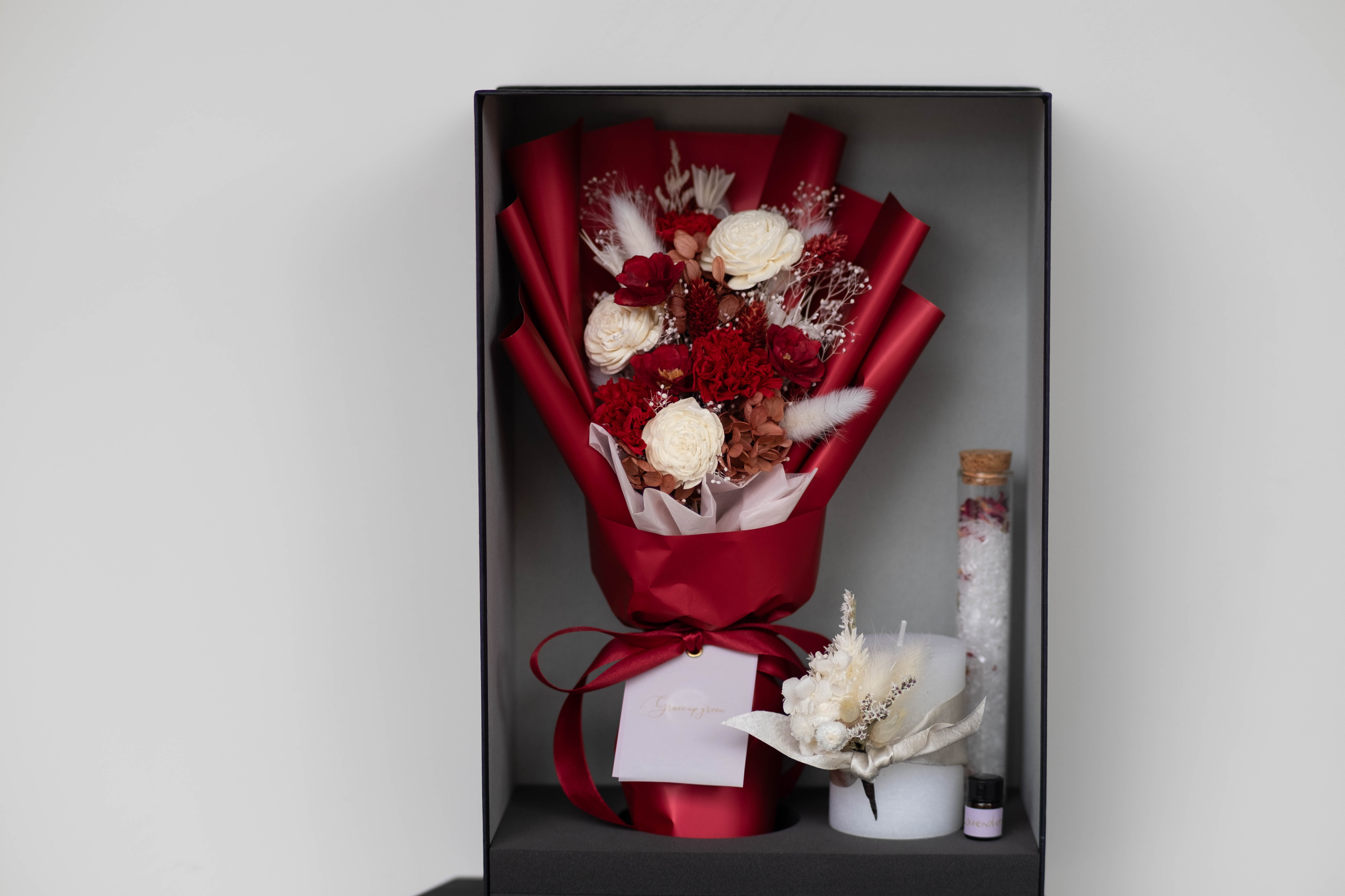 再販【ギフトセット】選べるプリザーブドフラワーブーケ・キャンドル・バスソルト・アロマオイル4点セット