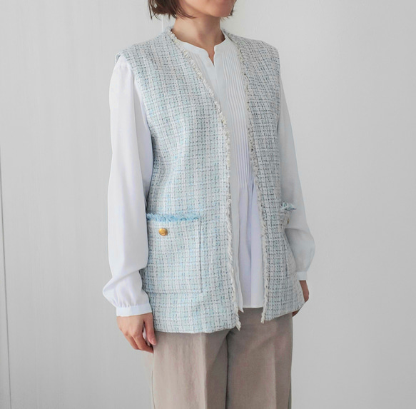 カラーツイードジレ(ベスト)＊水色&ベージュ＊一点もの！ ベスト