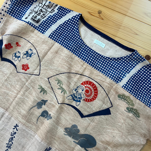 ★柿渋染★手ぬぐいチュニック★ 柿渋染め手ぬぐいのチュニック ネズミさん フリーサイズ