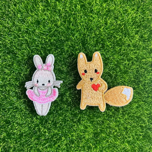 かわいい きつね と うさぎ ハート 刺繍 ワッペン 2枚セット