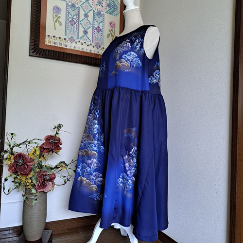 ハンドメイド✿木綿浴衣リメイクノースリーブギャザーワンピース