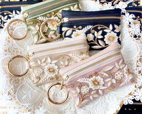 インド刺繍生地 ハンドル付きポーチ