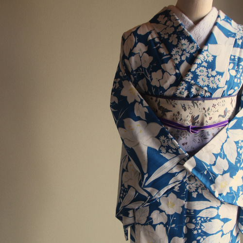 単衣ポリ 変わり織 着物大正ロマン感漂う落ち着いたターコイズ