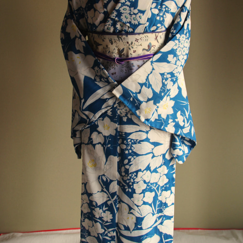 単衣ポリ 変わり織 着物大正ロマン感漂う落ち着いたターコイズブルーに