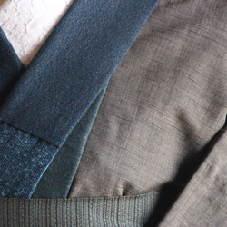 単衣　ウール異素材のグレー黒+紺メンズライク☆大人かっこいい着こなし　裄67ｃｍ　お袖長めモアトールサイズ 4枚目の画像