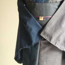 単衣　ウール異素材のグレー黒+紺メンズライク☆大人かっこいい着こなし　裄67ｃｍ　お袖長めモアトールサイズ 16枚目の画像