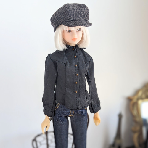 1098【momokoDOLL】茶色のウールの千鳥格子のキャスケット※1/6