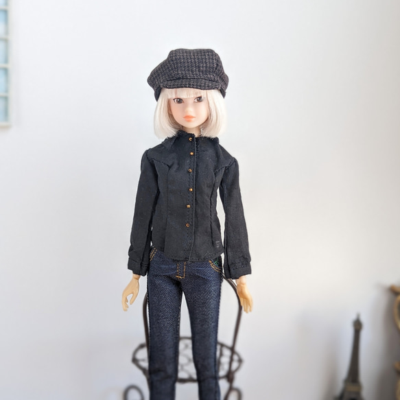 1098【momokoDOLL】茶色のウールの千鳥格子のキャスケット※1/6