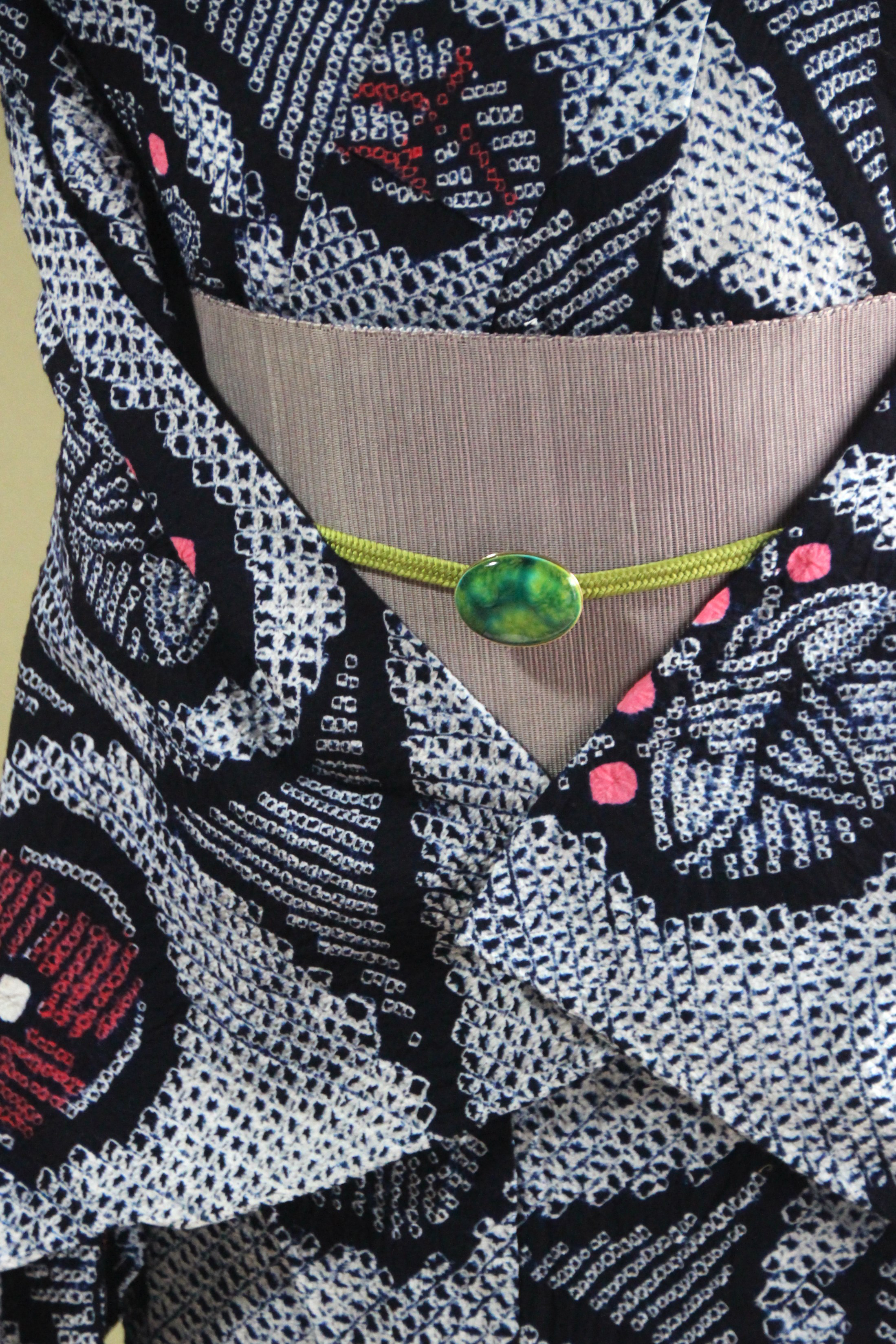 ◇現代 有松鳴海絞　浴衣◇【濃紺　朱桃】希少柄　橘・桐・桔梗・桜の吉祥紋が上品でクラシカル　裄68ｃｍトールサイズ木綿