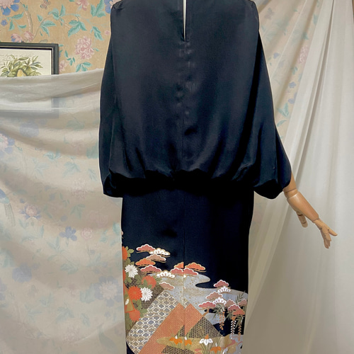 花扇面 金彩 黒留袖ドレス ケープスリーブ 着物リメイク