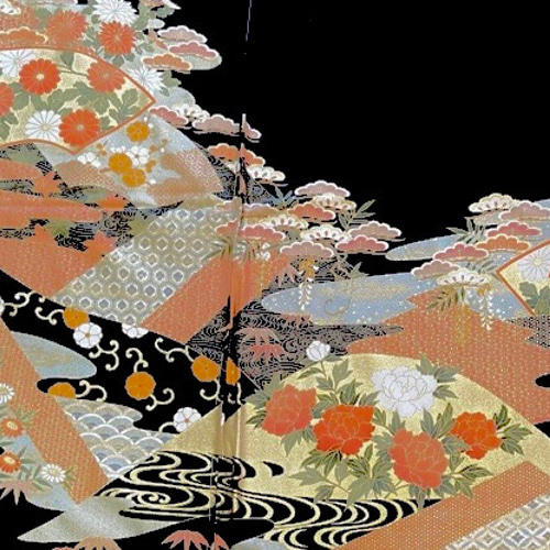 花扇面 金彩 黒留袖ドレス ケープスリーブ 着物リメイク