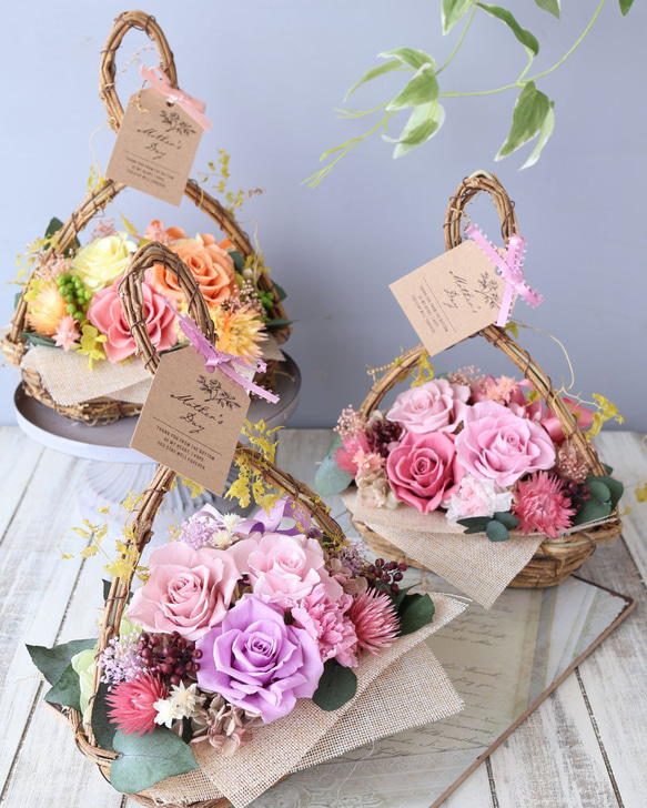 カーリーオーバルバスケット オレンジ カーネーション ローズ プレゼント ギフト 母の日 花 16枚目の画像