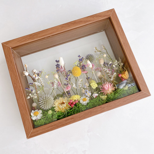文字入れOK 草原のお花畑 木製フレームボックスアレンジメント お祝い