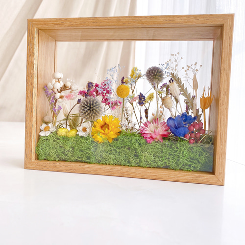 木製フォトフレーム　フラワーアレンジ　フラワーボックス 文字入れOK 草原のお花畑 木製フレームボックスアレンジメント お祝い