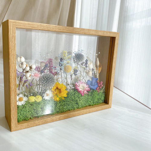 文字入れOK 草原のお花畑 木製フレームボックスアレンジメント お祝い