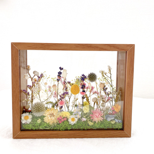 文字入れOK 草原のお花畑 木製フレームボックスアレンジメント お祝い