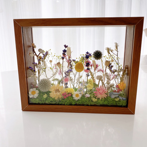文字入れOK 草原のお花畑 木製フレームボックスアレンジメント お祝い
