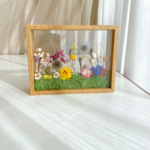 文字入れOK 草原のお花畑 木製フレームボックスアレンジメント お祝い