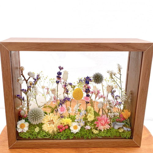 文字入れOK 草原のお花畑 木製フレームボックスアレンジメント お祝い